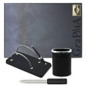 Desk Sets 4 Pieces (Desk Blotter, Envelope Holder, Pen Holder, Letter Opener) Colour Graphia Black