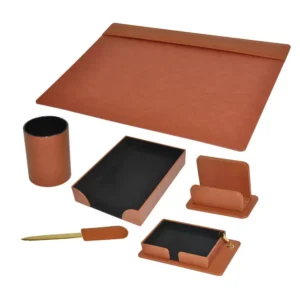 FIS 6 Pieces Executive Desk Set Italian PU, Brown Color