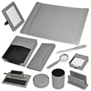 FIS 11 Pieces Executive Desk Set Italian PU, Grey Color