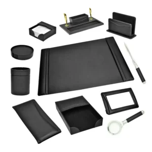 FIS 11 Pieces Executive Desk Set Italian PU, Black Color