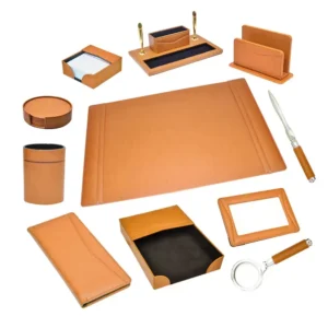 FIS 11 Pieces Executive Desk Set Italian PU, Light Brown Color