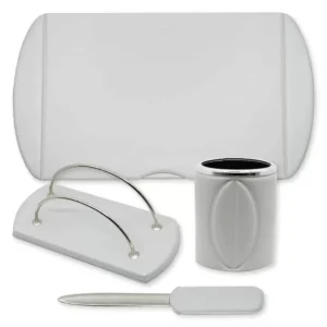 4 Pieces Desk Sets (Desk Blotter, Envelope Holder, Pen Holder, Letter Opener) Colour Grey