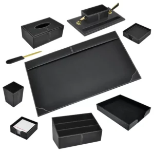 FIS 9 Pieces Executive Desk Set Italian PU, Black Color