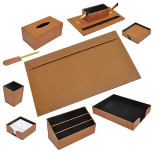 FIS 9 Pieces Executive Desk Set Italian PU, Brown Color