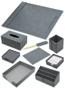 FIS Executive Desk sets, Bonded Leather, Grey Set of 9 Pieces