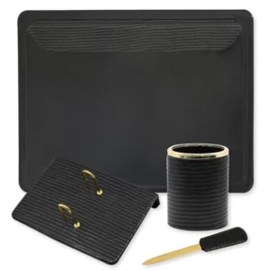 4 Pieces Desk Sets (Desk Blotter, Desk Calendar Stand, Letter Opener, Pen Holder) Colour Lizard Black